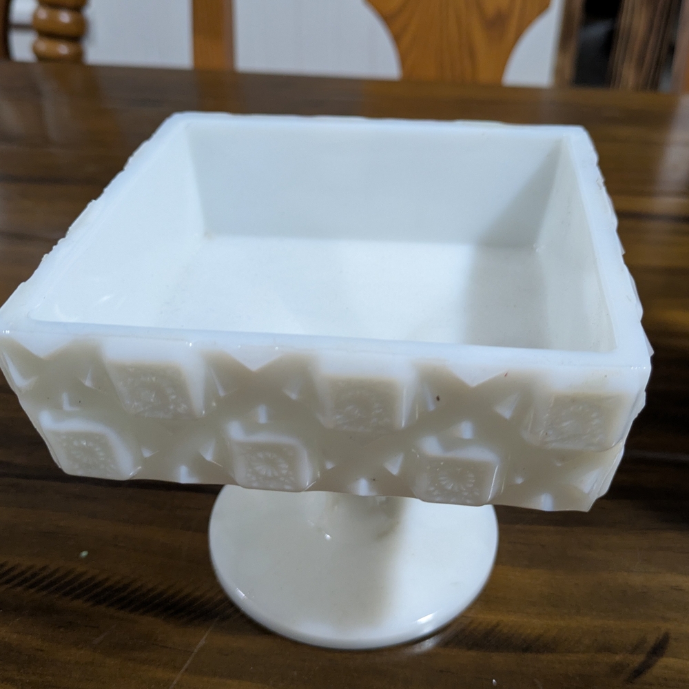 White Square Milk Glass Pedestal Dish